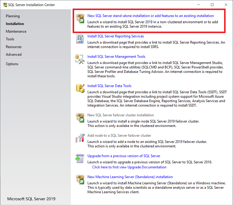 Captura de tela que mostra a opção para usar uma instalação autônoma nova do SQL Server ou adicionar recursos a uma instalação existente.