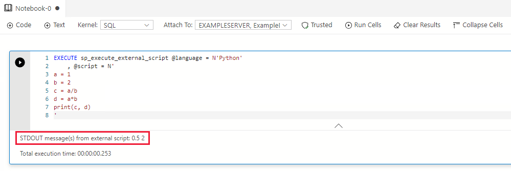 Saída de código Python de Notebook SQL no Azure Data Studio