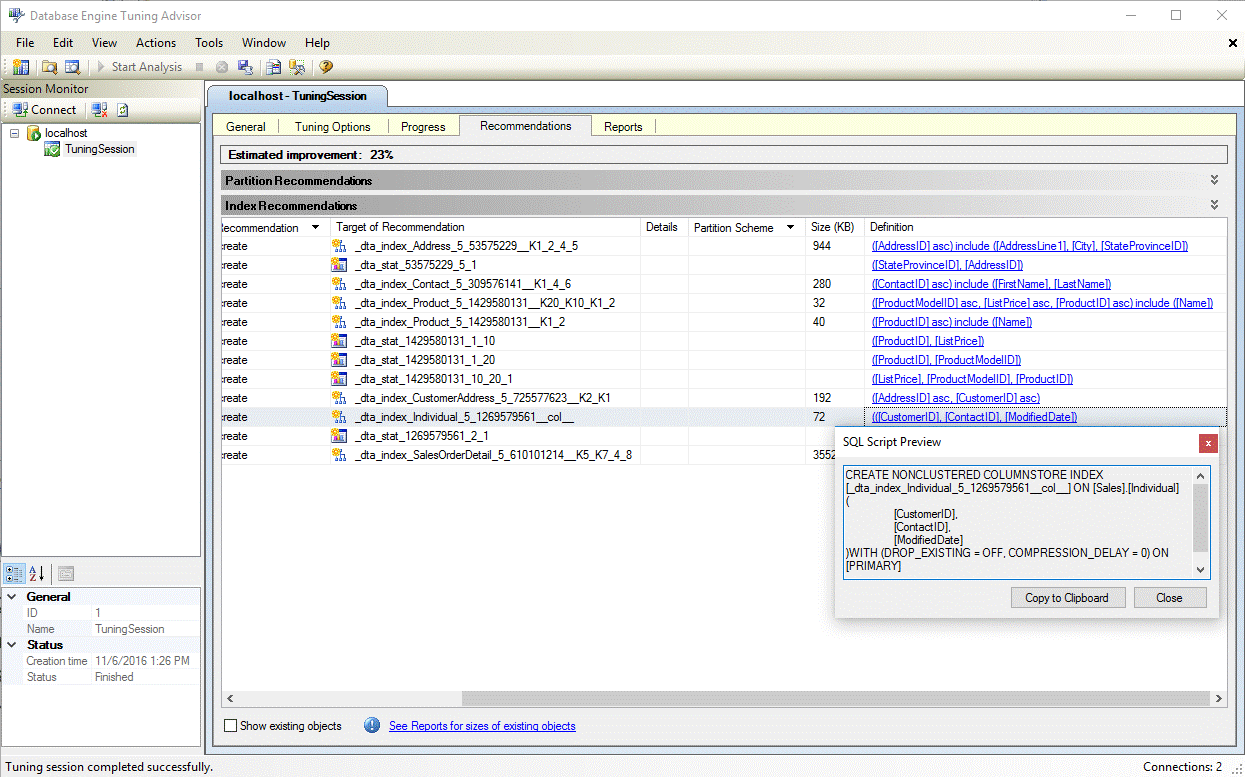 Definição de índice columnstore do DTA