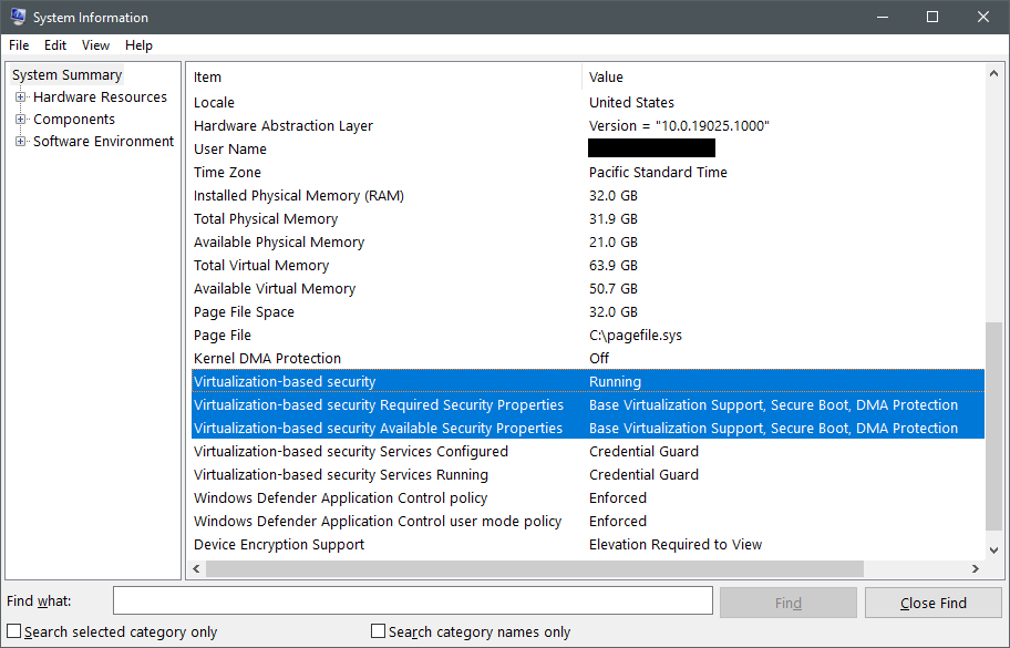 Captura de tela das informações do sistema mostrando o status e a configuração da segurança baseada em virtualização.