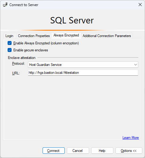 Captura de tela da guia Always Encrypted na conexão ao servidor com o atestado que usa o SSMS.