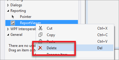 Captura de tela da caixa de ferramentas do Visual Studio realçando a exclusão no controle do Report Viewer.