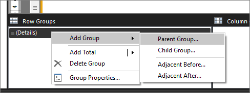 Captura de tela que mostra como adicionar um Grupo Pai a um relatório com forma livre do Report Builder.