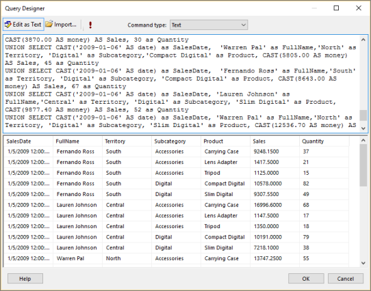 Captura de tela do Designer de Consultas que mostra os dados disponíveis para exibição no relatório com forma livre do Report Builder.