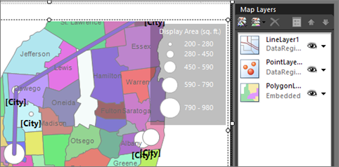 Captura de tela que mostra o mapa do Report Builder com uma camada de linhas.