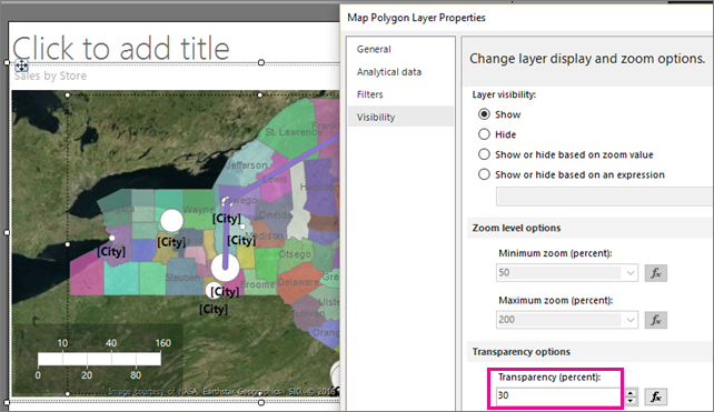 Captura de tela que mostra como definir a transparência de uma camada do mapa do Report Builder.