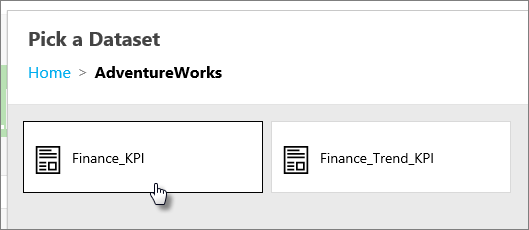 Captura de tela da seção Escolher um Conjunto de Dados com a opção Finance_KPI selecionada.