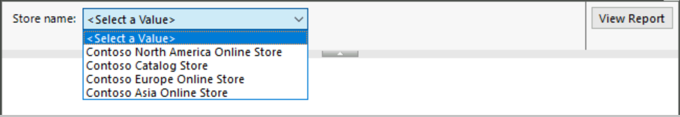 Captura de tela da visualização do relatório com o prompt de nome da loja atualizado que fornece uma lista suspensa de valores para o leitor.
