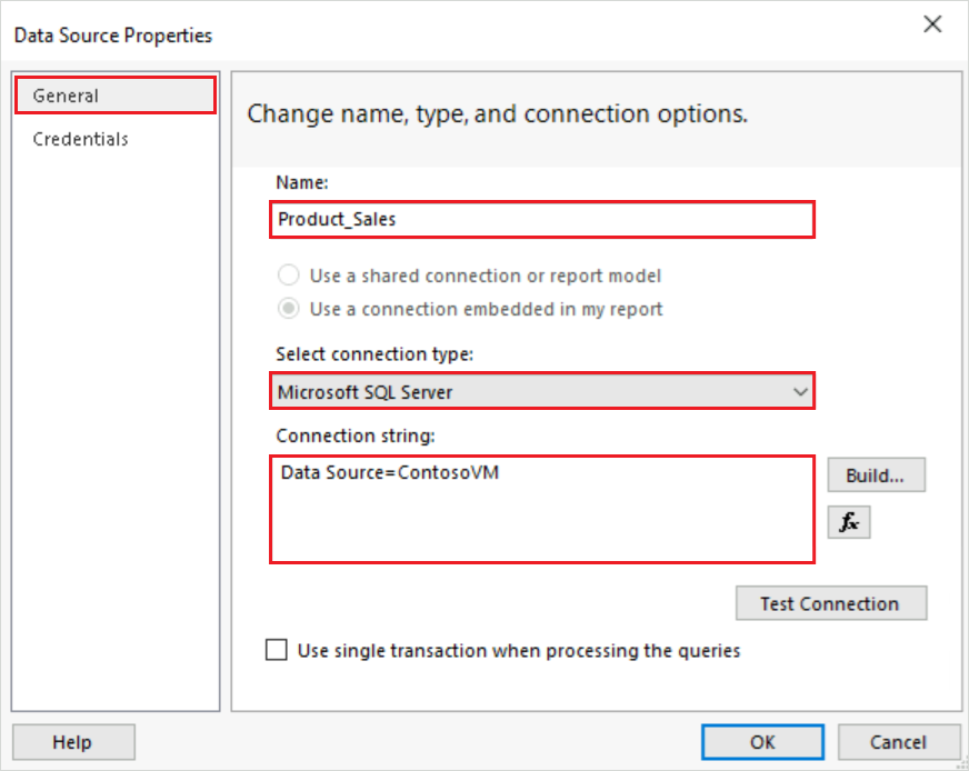 Captura de tela que mostra como configurar as opções gerais na caixa de diálogo Propriedades da fonte de dados.