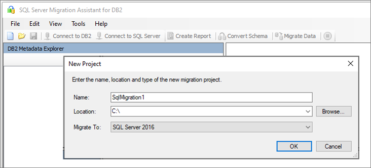 Captura de tela do painel Novo Projeto no SSMA para DB2.