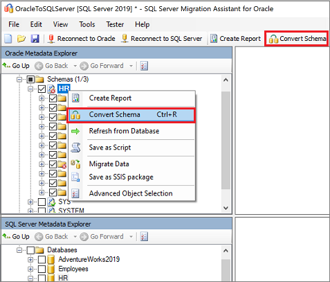 Captura de ecrã do comando 'Converter esquema' no painel 'Oracle Metadata Explorer'.