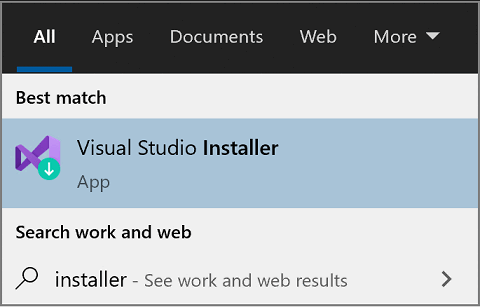 Captura de tela do Instalador do Visual Studio no Menu Iniciar do Windows para o 2017.