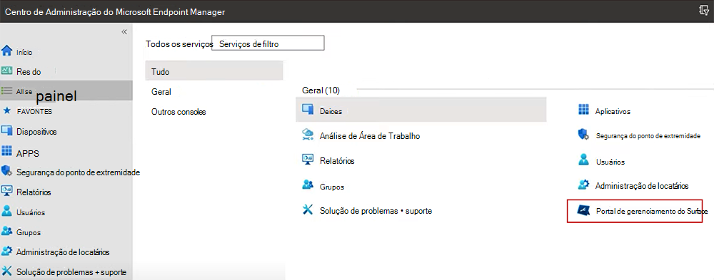 Captura de ecrã que mostra o Portal de Gestão do Surface na home page do centro de administração do Intune.