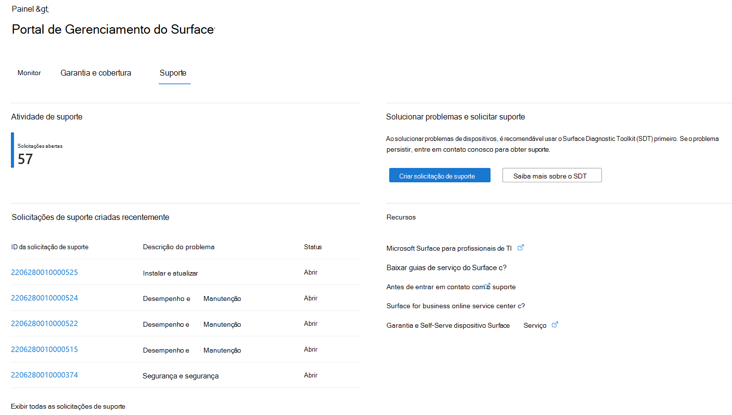 Captura de ecrã que mostra onde submeter um novo pedido de suporte no Portal de Gestão do Surface.