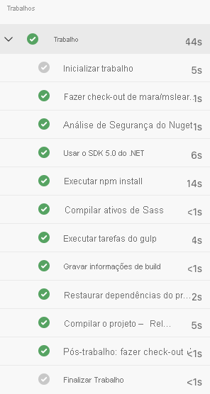 Captura de ecrã dos Pipelines do Azure a mostrar a lista completa de tarefas de compilação.