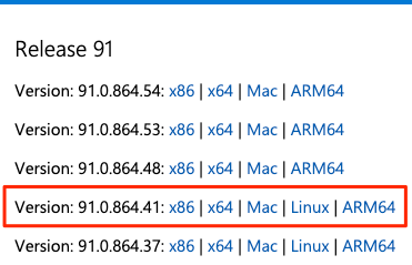 Uma captura de tela da seção Downloads da página Driver do Microsoft Edge mostrando a versão do driver correspondente.