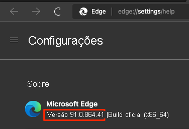 Uma captura de tela da página de configuração do Microsoft Edge, mostrando o número da versão.