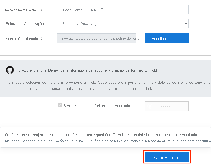 Uma captura de tela da tela Criar Novo Projeto do Gerador de Demonstração do Azure DevOps com o botão Criar Projeto realçado.