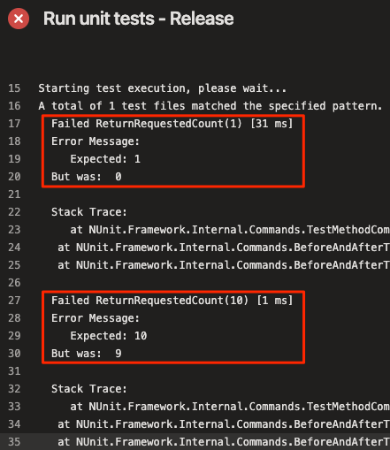 Uma captura de tela do painel do Azure Pipelines mostrando o log de saída de uma falha de asserção no teste de unidade, esperando 10, mas era 9.