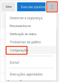 Uma captura de tela do Azure Pipelines mostrando o local do menu Configurações.