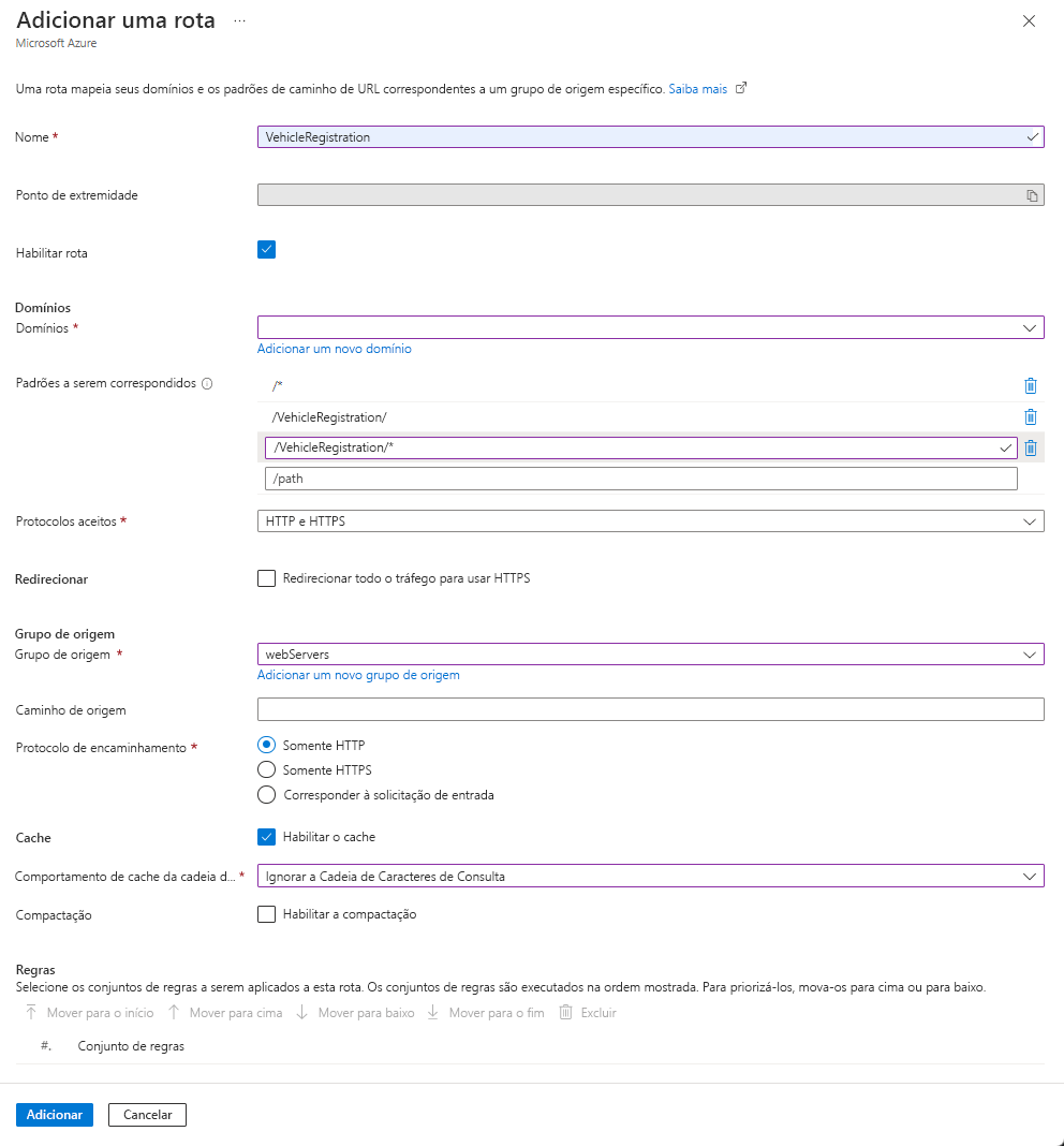 Screenshot of vehicle registration route settings.