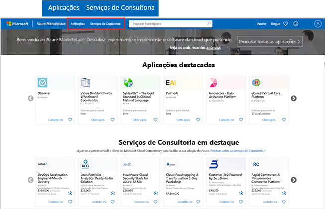 Captura de ecrã da página inicial do Azure Marketplace com ênfase nos botões de aplicações e serviços de consultoria.