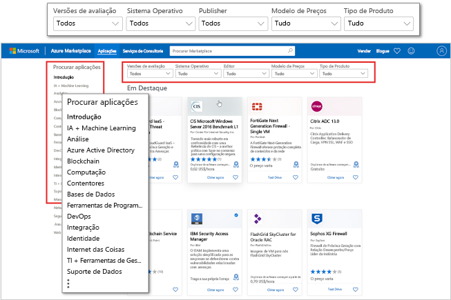 Captura de ecrã da página de destino das aplicações do Azure Marketplace com ênfase nas categorias e filtros de aplicações.