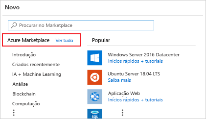 Captura de ecrã da página de novos recursos do portal do Azure com o Azure Marketplace.