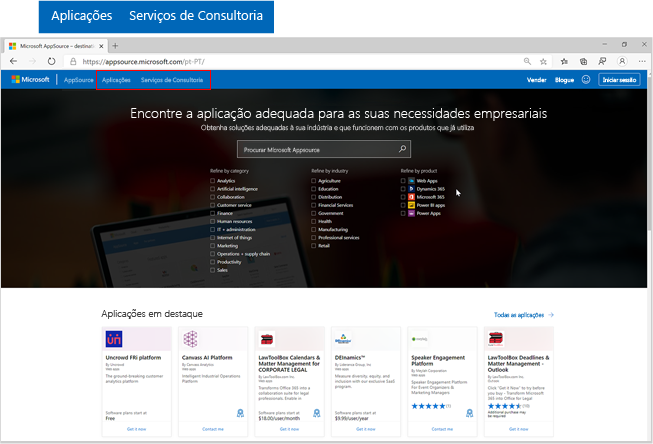 Captura de tela da página inicial do Microsoft AppSource com ênfase nos botões de aplicativos e serviços de consultoria.