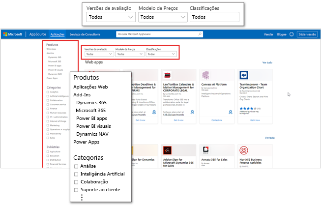 Captura de tela da página inicial de aplicativos Microsoft AppSource com ênfase em categorias e filtros de aplicativos.