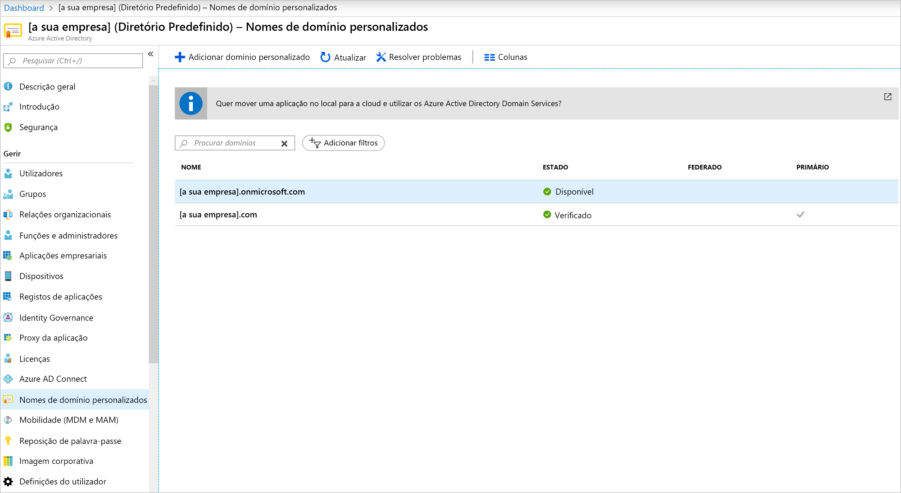 Screenshot of example domain name under Microsoft Entra ID > Custom domain names in the Azure portal.