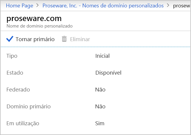 Captura de ecrã das informações sobre o domínio proseware.com com uma marca de verificação junto à opção Tornar primário.