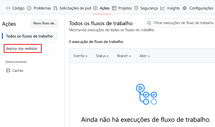 Screenshot of the GitHub interface showing the Actions tab, with the deploy-toy-website workflow selected.