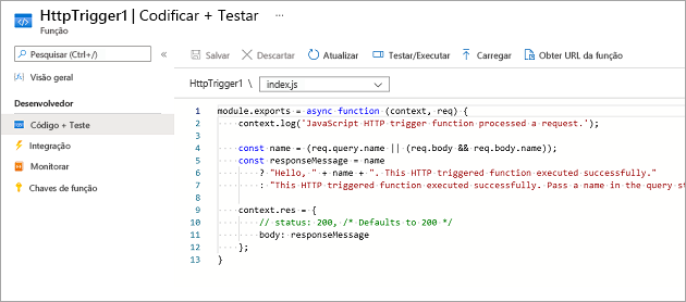 Captura de tela do painel Código e Teste mostrando o código padrão para o modelo de função de gatilho HTTP.