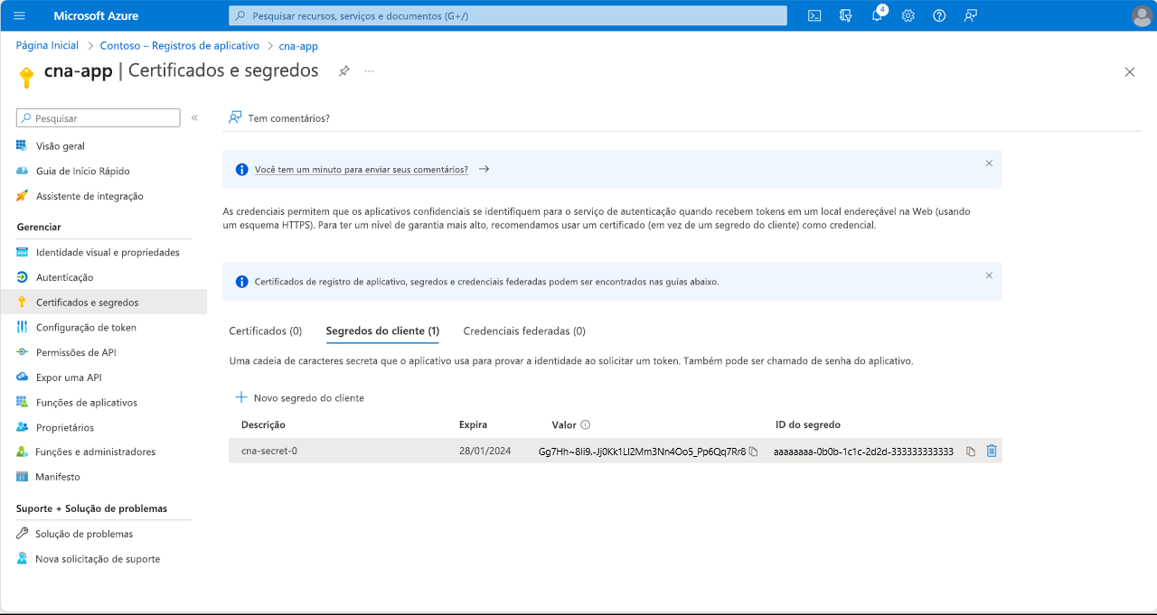 Captura de ecrã do valor do segredo do cliente na folha can-app Certificates & secrets no portal do Azure.