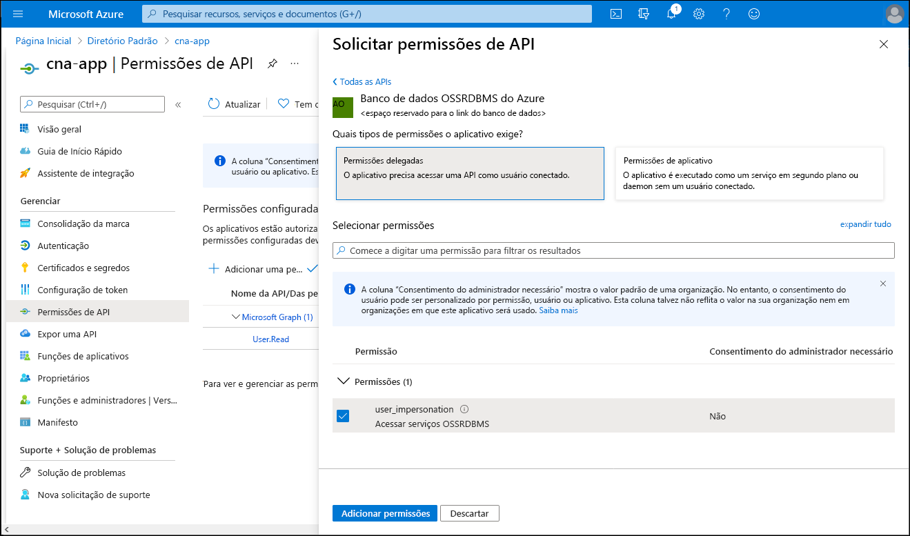 Captura de ecrã da folha Solicitar permissões da API no portal do Azure, com a opção Permissões delegadas selecionada.