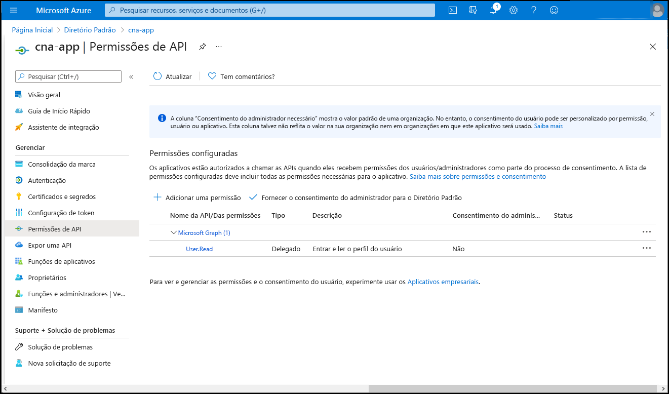 Captura de ecrã da folha de permissões da API can-app no portal do Azure.