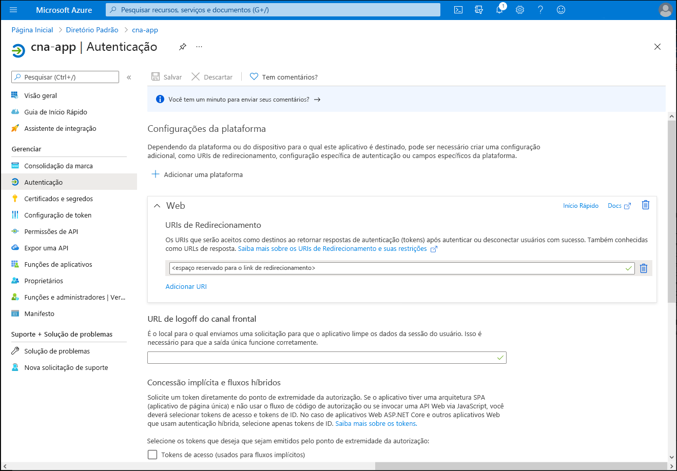 Captura de ecrã da folha Autenticação can-app no portal do Azure.