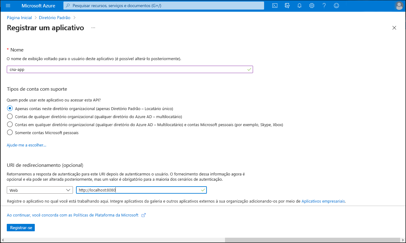 Captura de ecrã da folha Registar uma aplicação no portal do Azure.