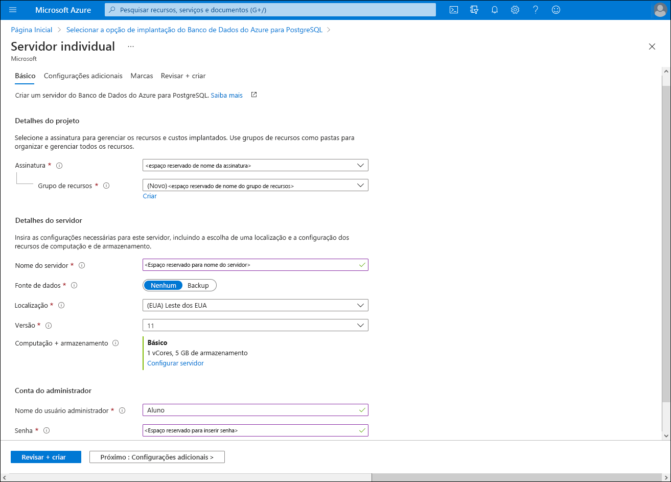 Captura de ecrã do separador Noções básicas da folha do servidor no portal do Azure.