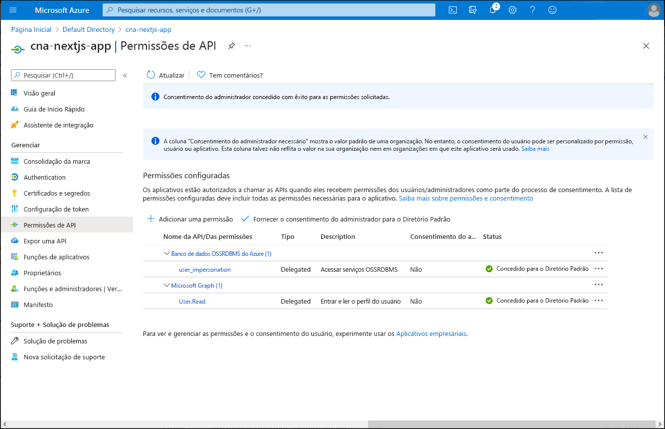 Captura de ecrã da folha de permissões da API can-nextjs-app no portal do Azure, com o consentimento e as permissões concedidas.