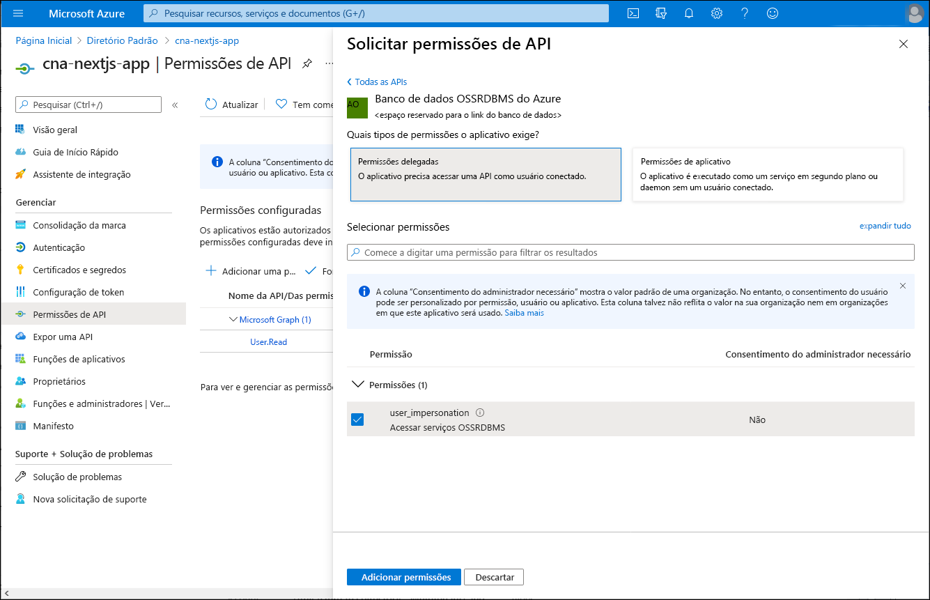 Captura de ecrã da folha Solicitar permissões da API no portal do Azure, com a opção Permissões delegadas selecionada.