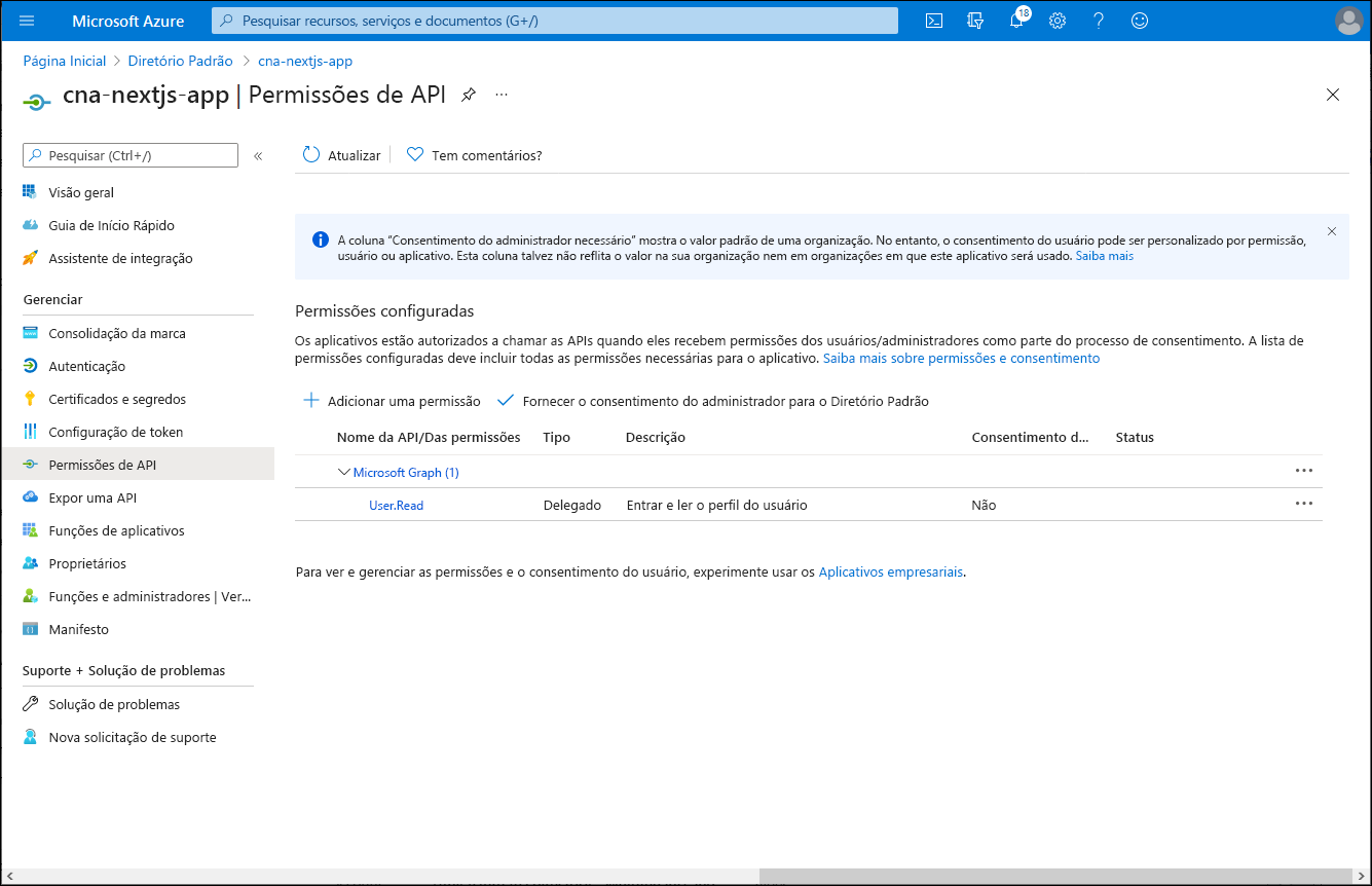 Captura de ecrã da folha de permissões da API can-nextjs-app no portal do Azure.