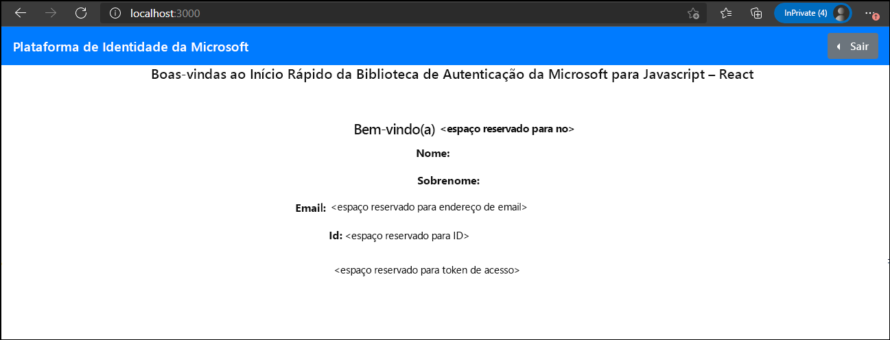 Captura de ecrã da página Bem-vindo à Biblioteca de Autenticação da Microsoft para JavaScript - React Quickstart com as informações de perfil adatumuser1.