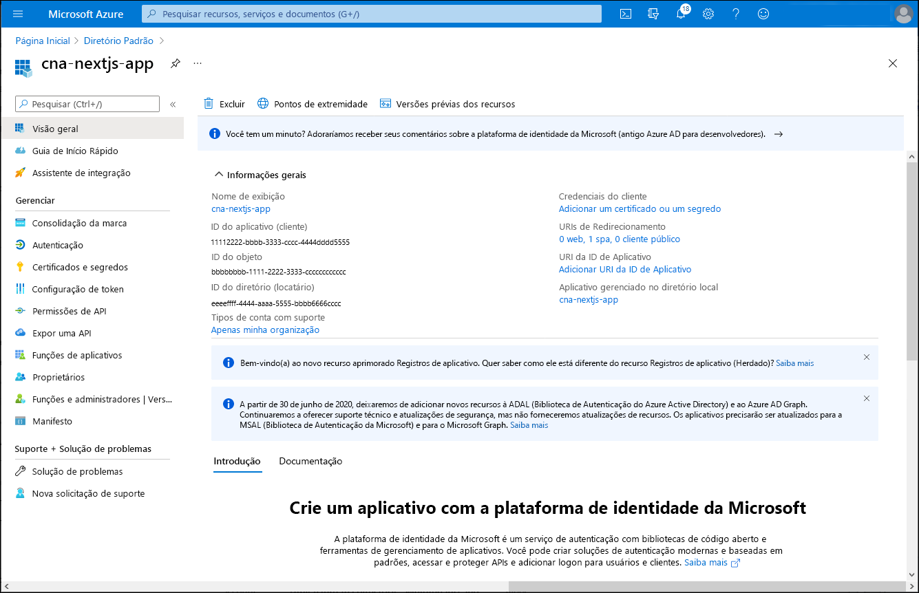 Captura de ecrã da folha can-nextjs-app no portal do Azure.