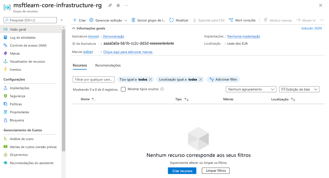 Captura de ecrã do portal do Azure a mostrar o novo painel do grupo de recursos ainda sem recursos.