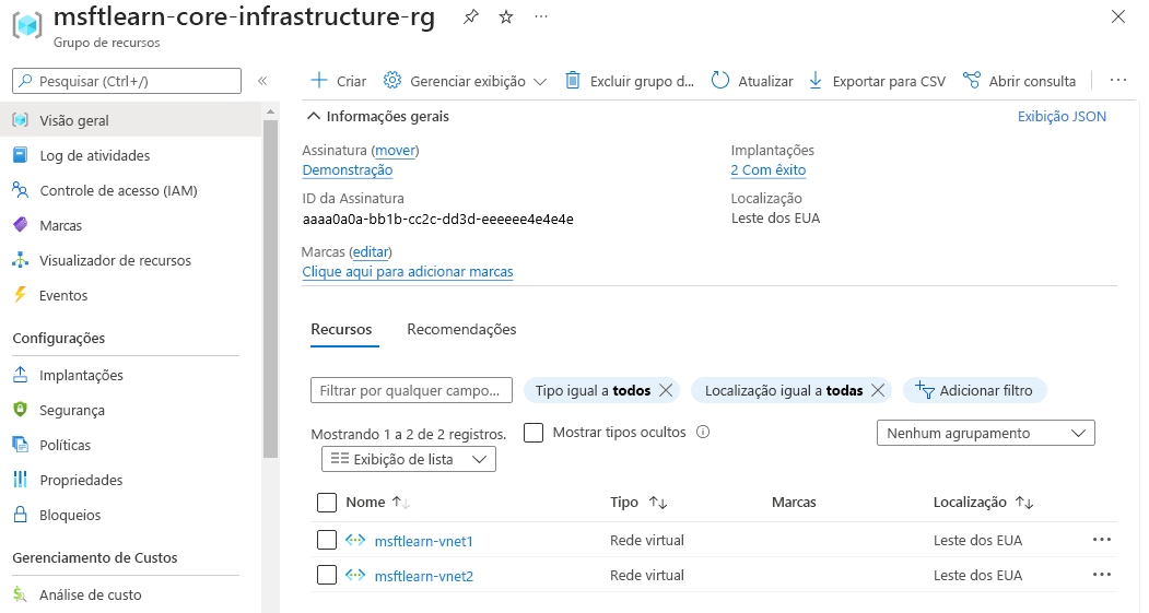 Captura de ecrã do portal do Azure a mostrar a descrição geral do grupo de recursos, incluindo dois recursos de rede virtual.