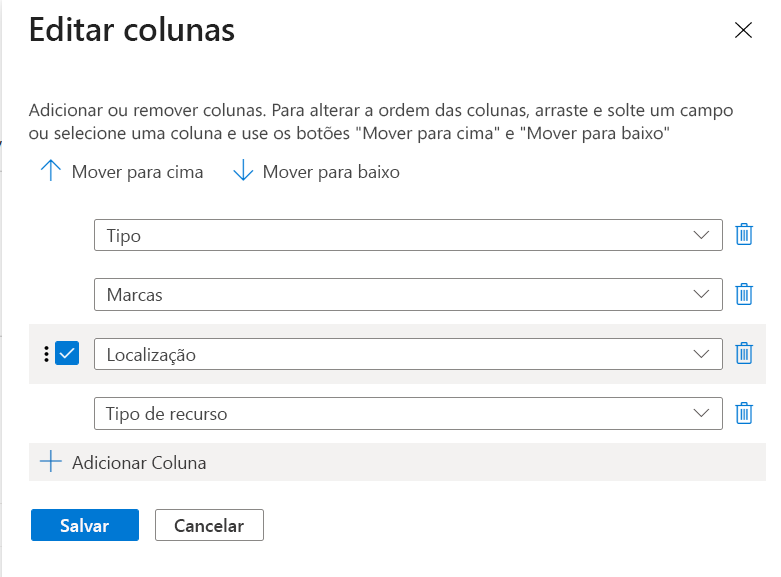 Captura de ecrã do portal do Azure a mostrar a caixa de diálogo de edição de colunas com as colunas disponíveis à esquerda e as colunas selecionadas à direita.