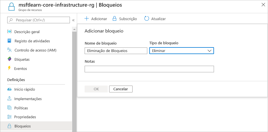 Captura de ecrã do portal do Azure a mostrar a configuração de um novo bloqueio de recurso.