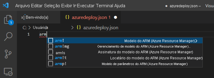 Ficheiro azuredeploy.json do Visual Studio Code a mostrar opções de fragmentos para modelos do Azure Resource Manager.